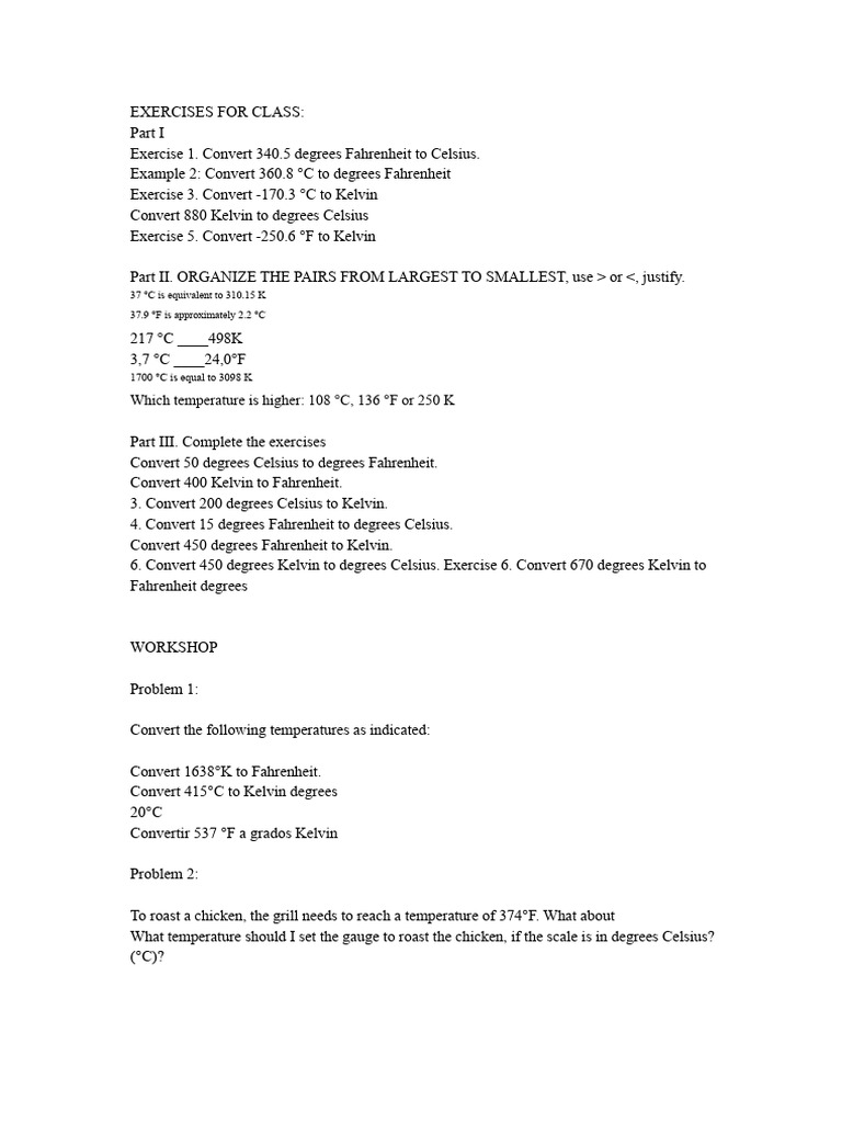 Exercises For Class Temperature Conversions | PDF | Fahrenheit ...