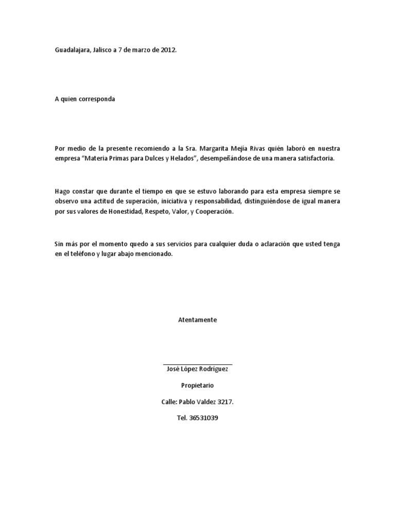 Carta de Recomendacion Laboral