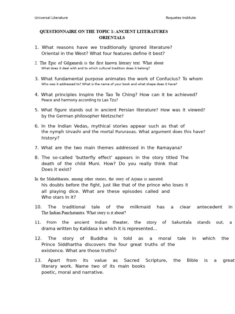 Ancient Literature Questionnaire Insights | PDF | Bible | Laozi