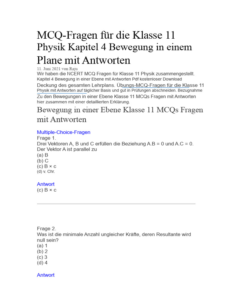 MCQ-Fragen Für Die Klasse 11 Physik Kapitel 4 Bewegung in Der Ebene Mit