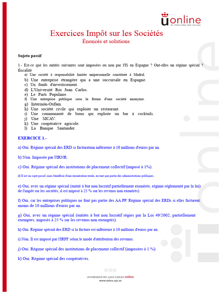 Exercices sur l'Impôt sur les Sociétés en Espagne | PDF | Taxe d ...