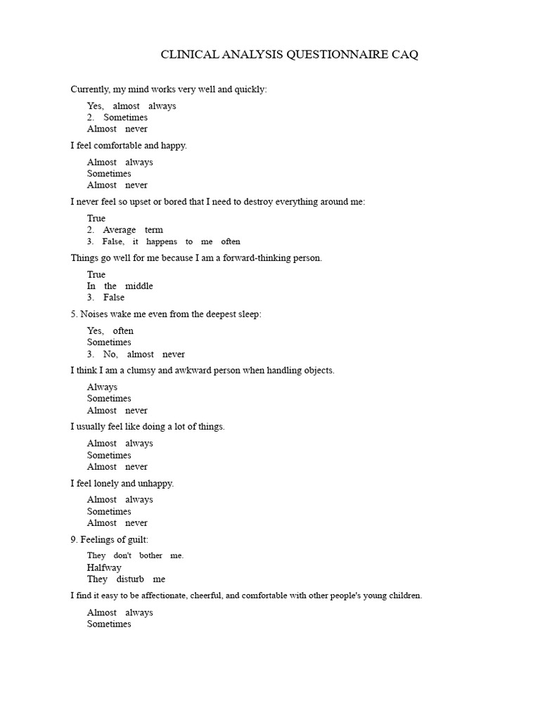 Clinical Analysis Questionnaire (CAQ) | PDF | Feeling | Mood (Psychology)