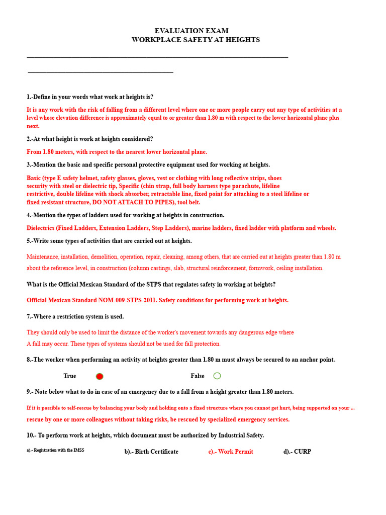 EVALUATION EXAM Work at Heights Answered | PDF | Personal Protective ...