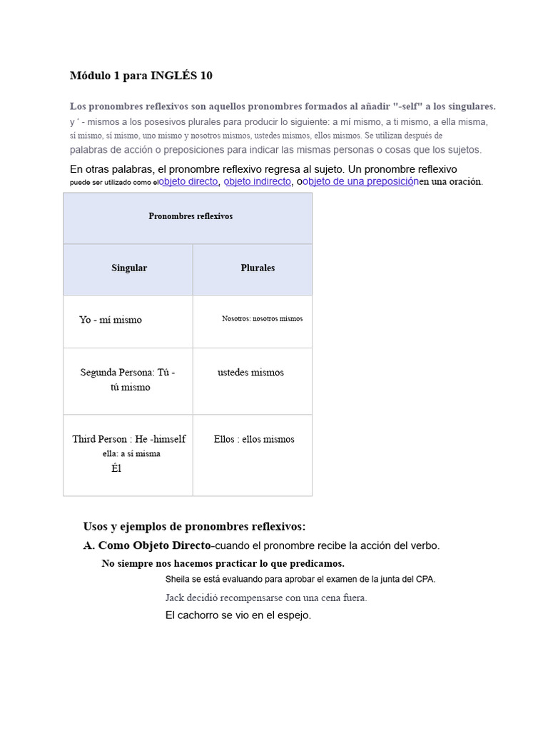 Módulo 1 para INGLÉS 10 | PDF | Pronombre | Objeto (gramática)