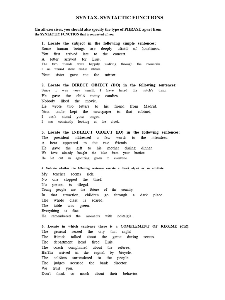 Syntax and Syntactic Functions Exercises | PDF | Syntax | Object (Grammar)