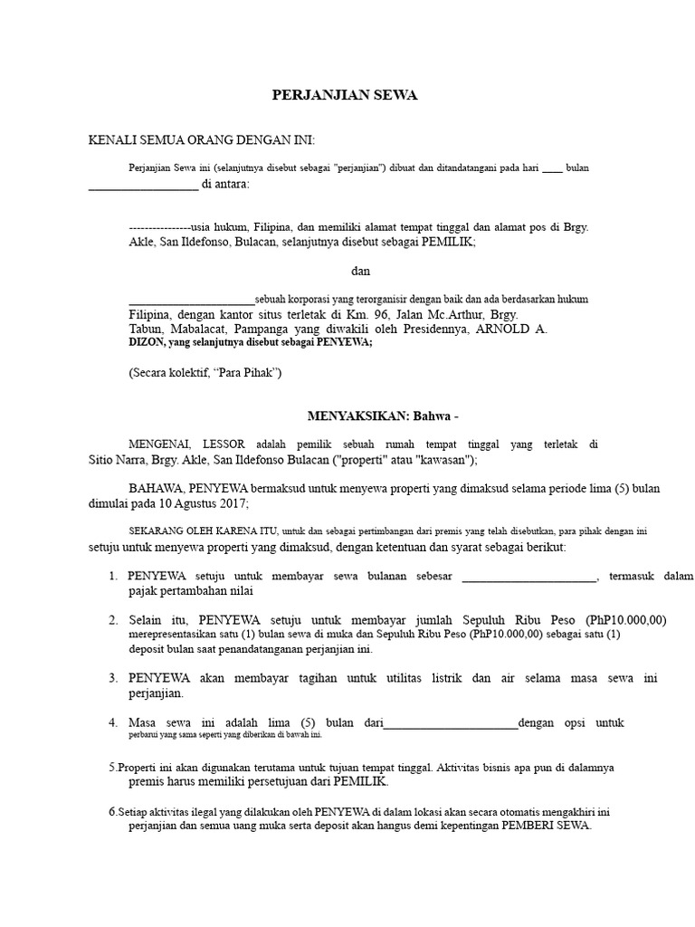 PERJANJIAN SEWA - Template | PDF