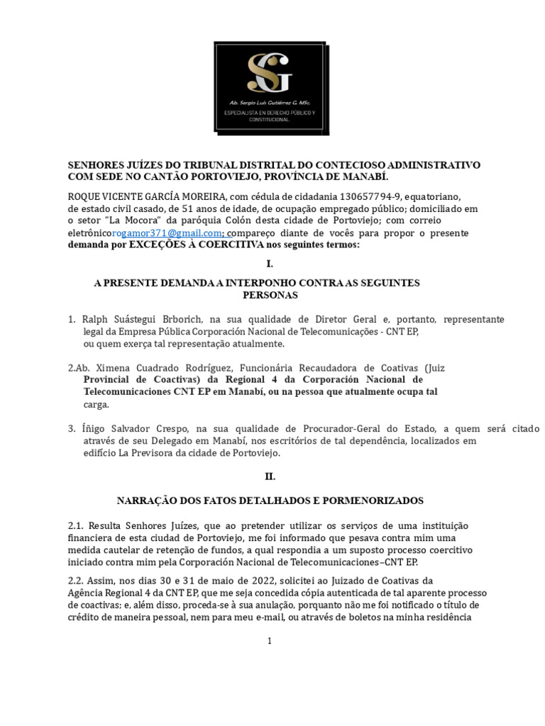 Exceções à Coercitiva: Defesa de Roque García | PDF | Estatuto de ...
