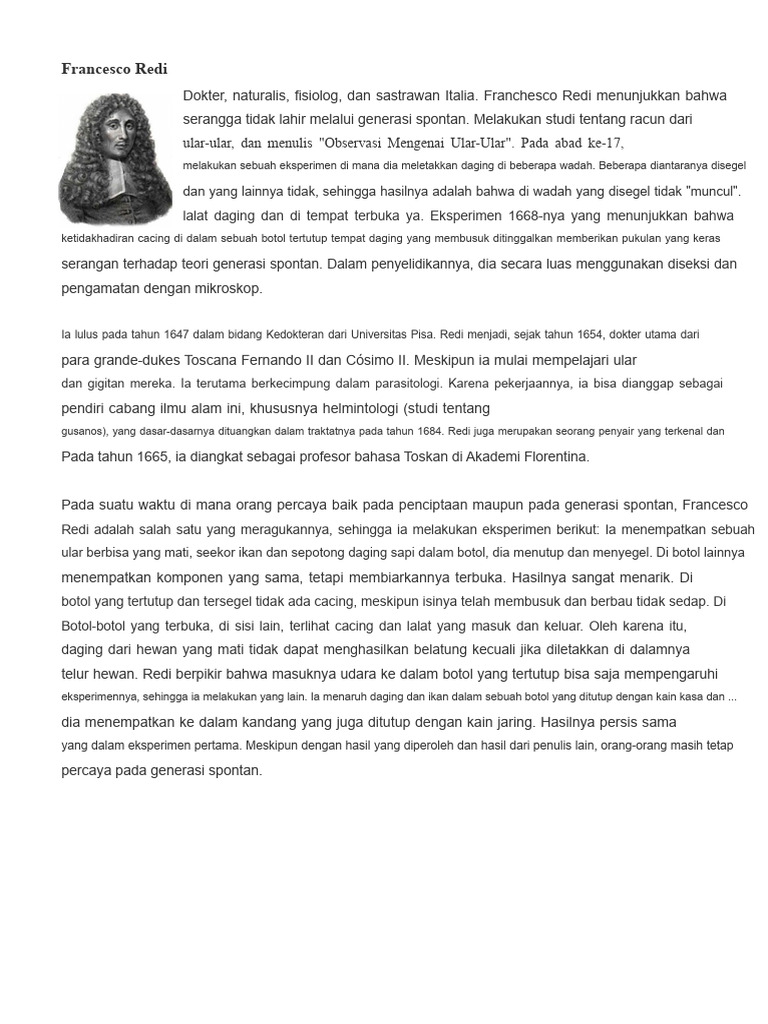 Eksperimen Francesco Redi: Menolak Generasi Spontan | PDF