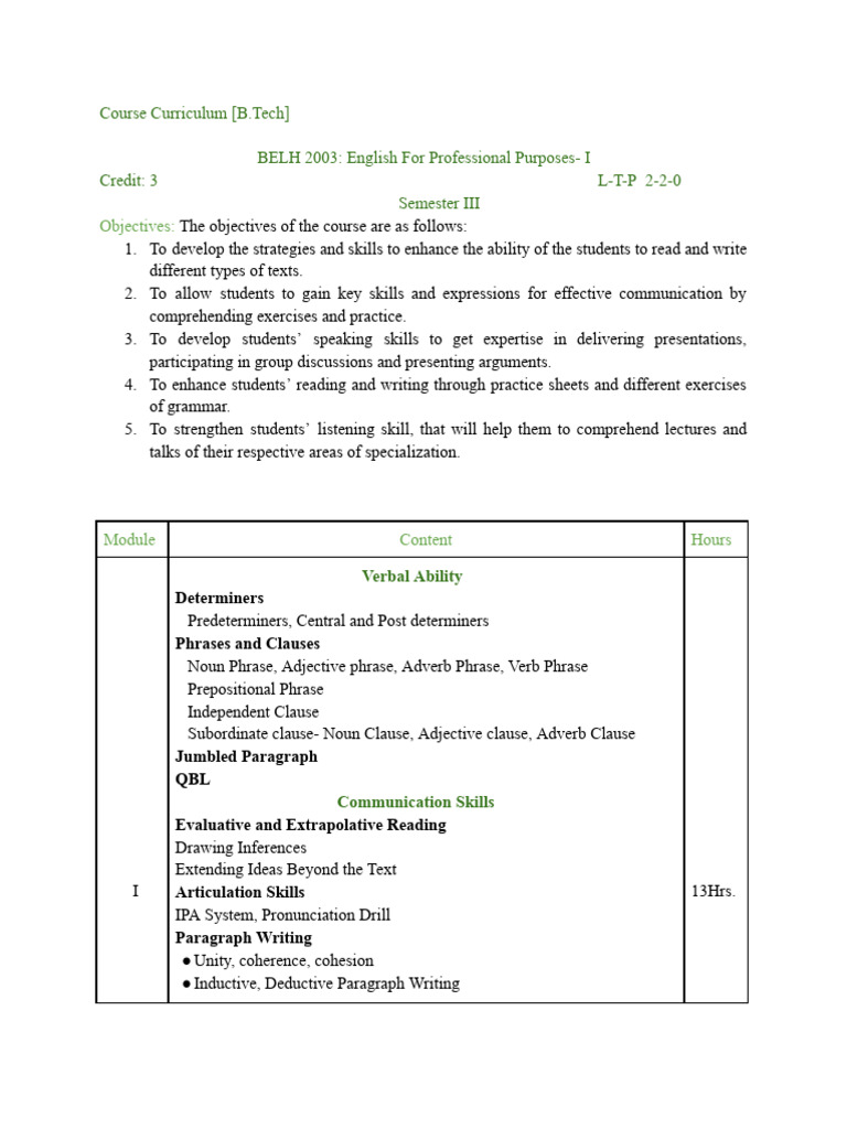 Epp 1 Syllabus - Final | PDF | Verb | Clause