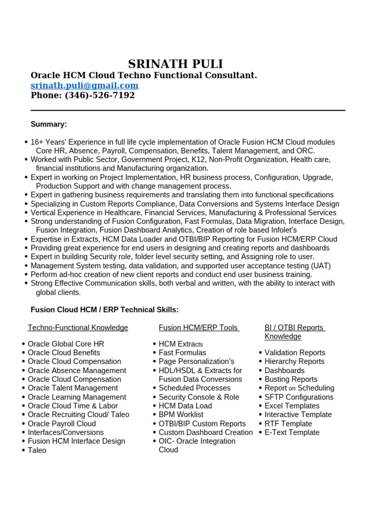 Oracle HCM Cloud Consultant Profile | PDF | Human Resource Management ...