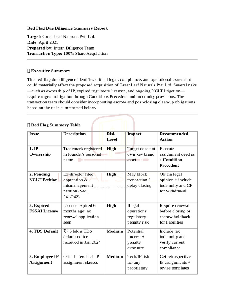 Red Flag Due Diligence Report: GreenLeaf | PDF | Due Diligence | Indemnity