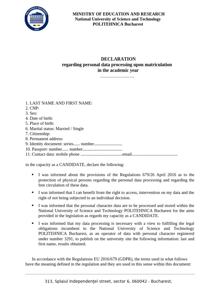 Personal Data Processing Declaration | PDF