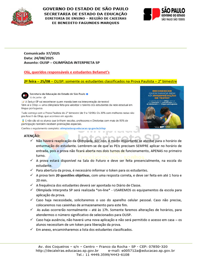 Comunicado sobre OLISP 2025 na EE Befama | PDF