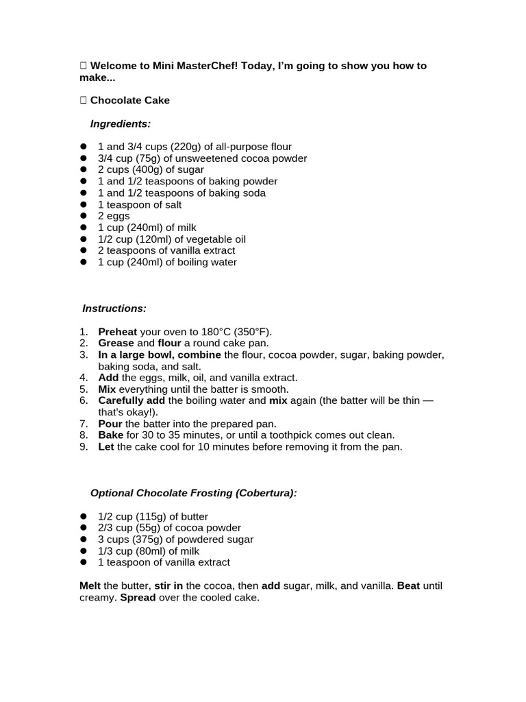 Mini MasterChef: Chocolate Cake Recipe | PDF | Cakes | Chocolate