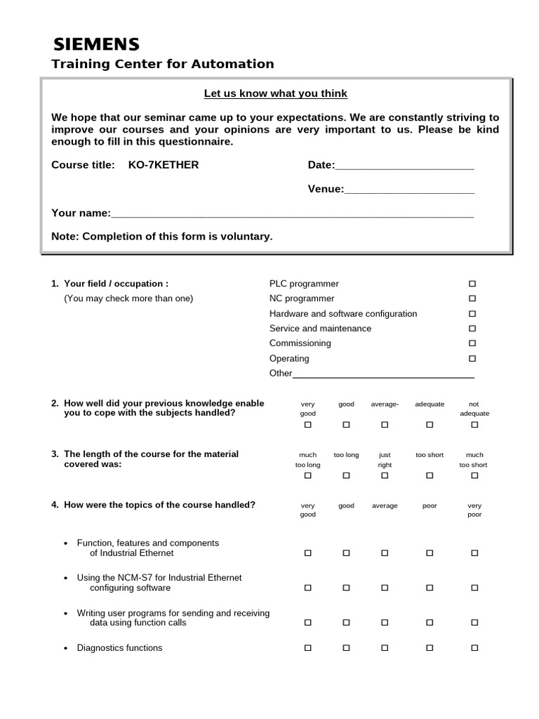 Automation Training Course Feedback Form | PDF | Software Engineering ...