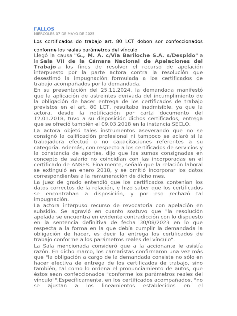 Certificados de Trabajo y Despido LCT 80 | PDF | Sentencia (ley) | Salario