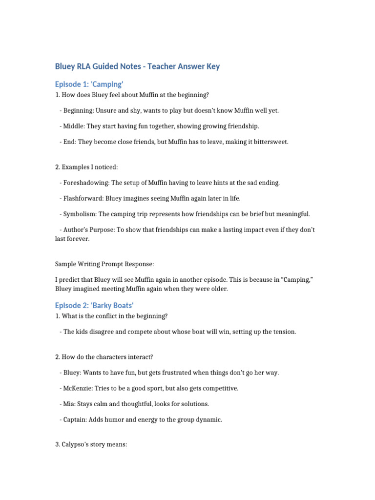 Bluey RLA Guided Notes Answer Key | PDF