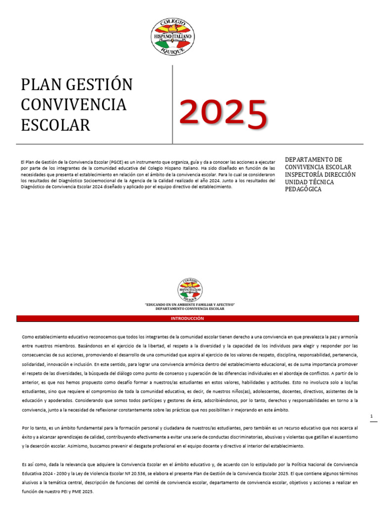 Plan de Gestión de Convivencia Escolar 2025 | PDF | Aprendizaje ...