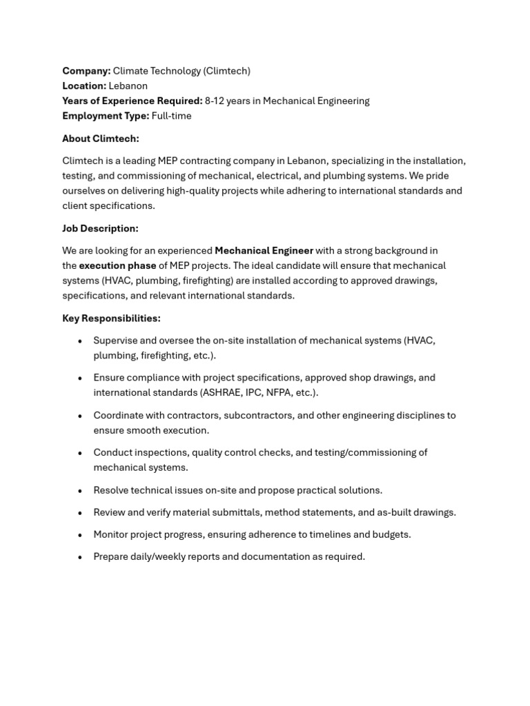 Mechanical Engineer Job at Climtech Lebanon | PDF