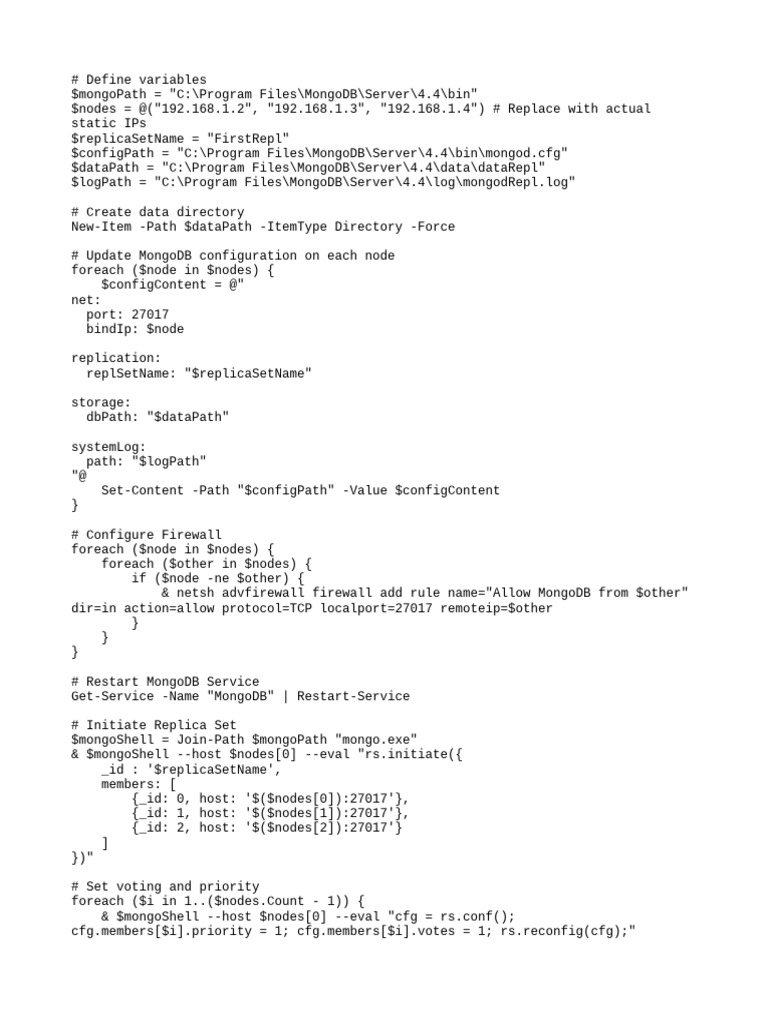 MongoDB Replica Set Configuration Script | PDF