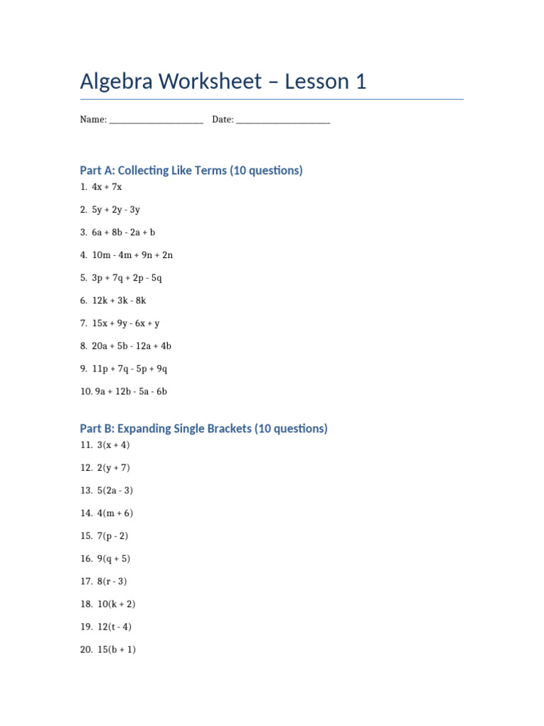 Algebra Worksheet Lesson1 | PDF