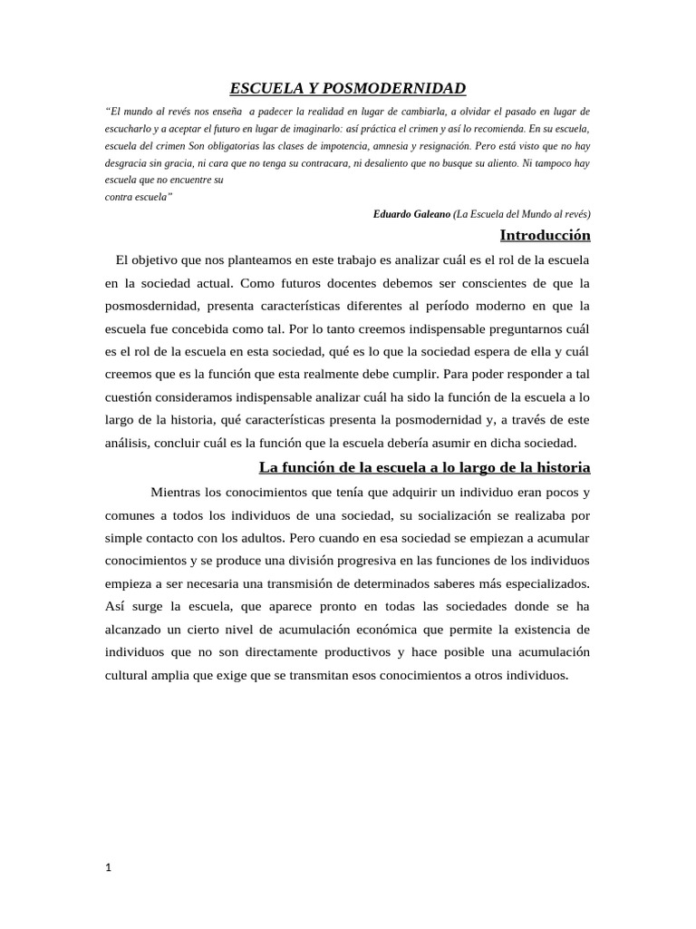 Rol de la Escuela en la Posmodernidad | PDF | Escuelas | Sociedad