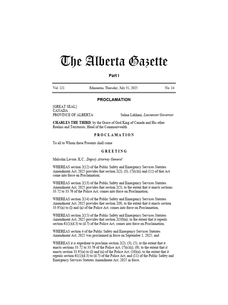 Alberta Gazette Proclamation Summary | PDF