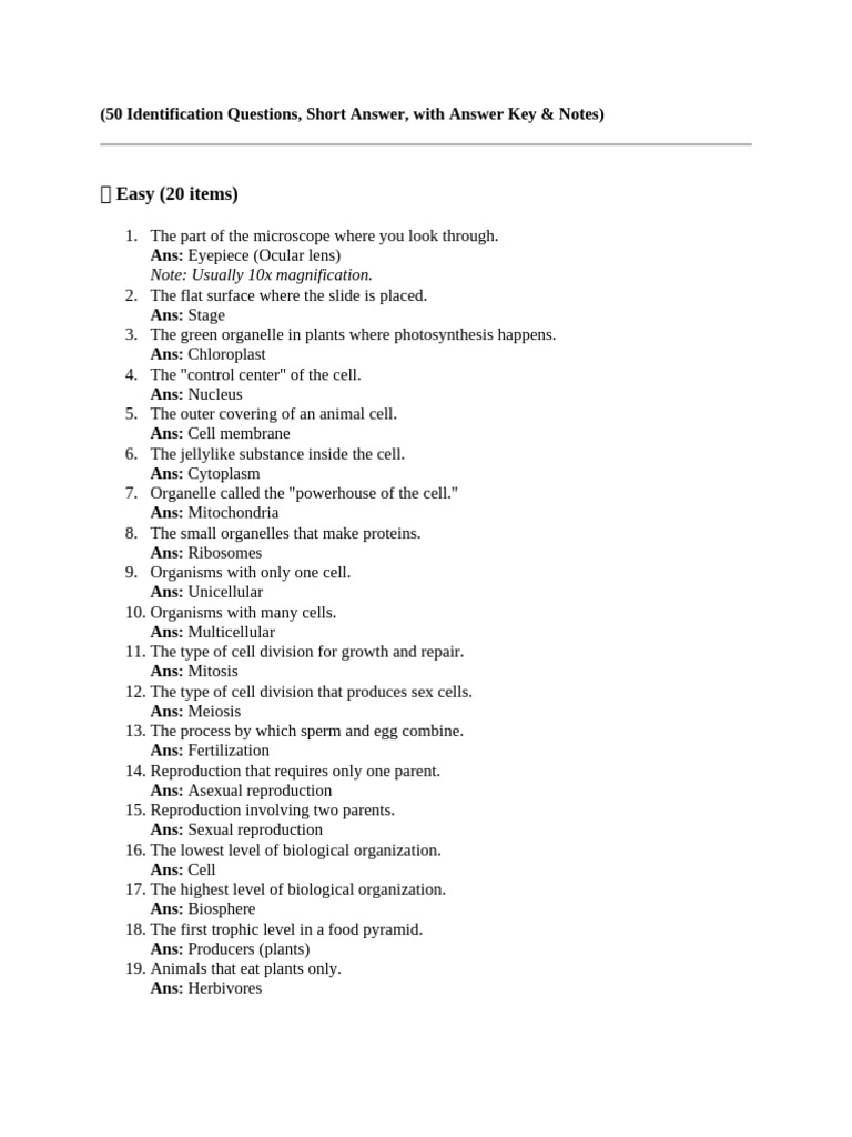 50 Cell Biology Identification Questions | PDF | Cell (Biology) | Mitosis