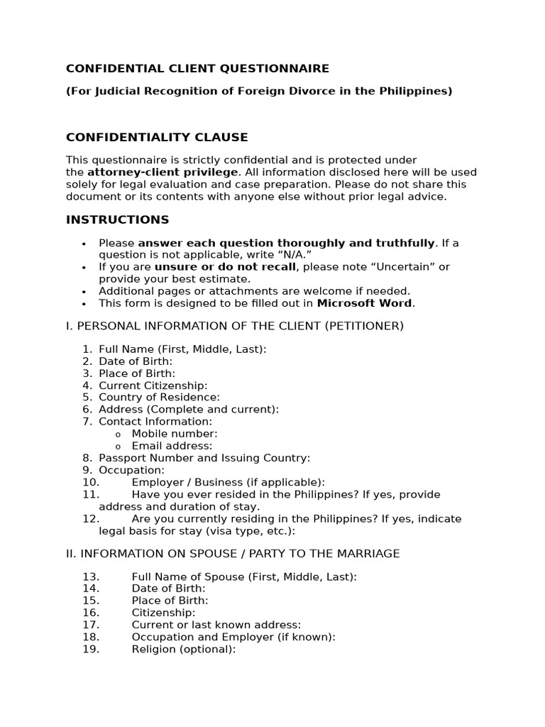 Confidential Client Questionnaire for Recognition of Foreign Divorce ...