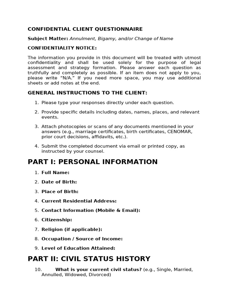 Confidential Client Questionnaire - Annulment | PDF | Annulment ...