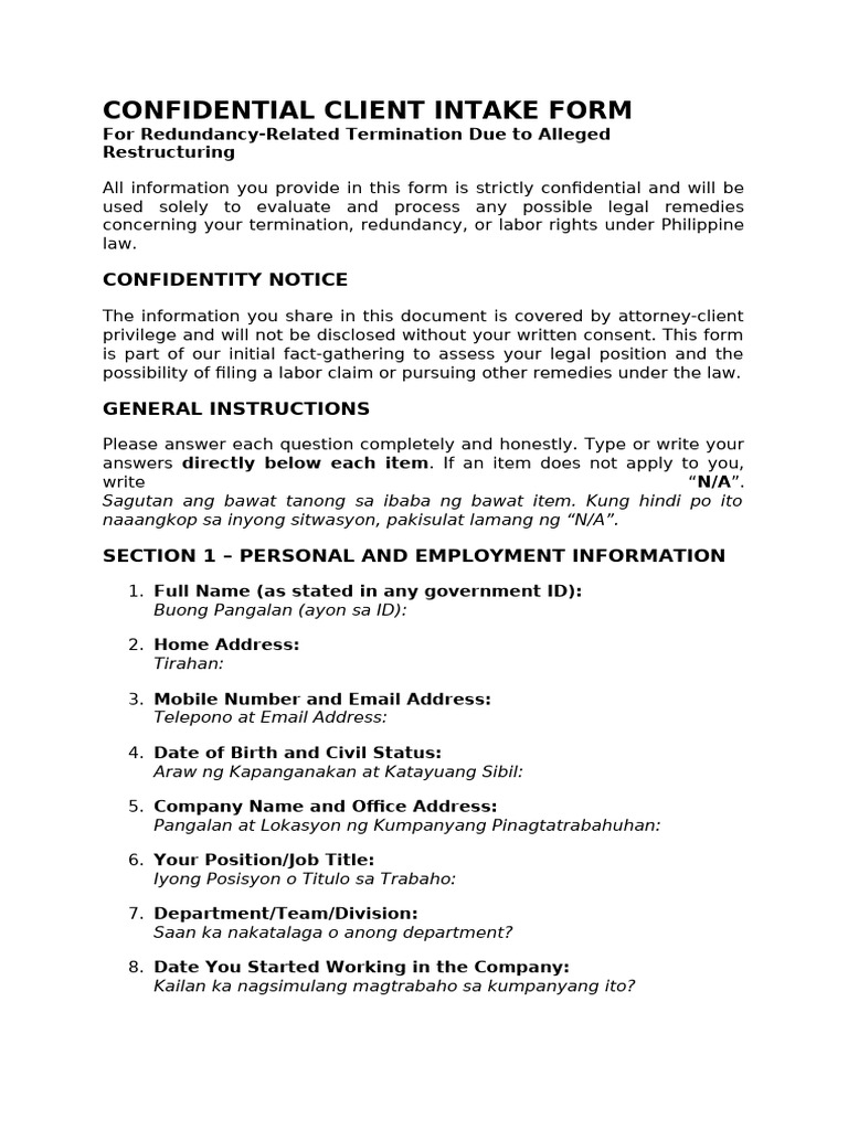 Confidential Client Intake for Redundancy | PDF | Layoff | Justice