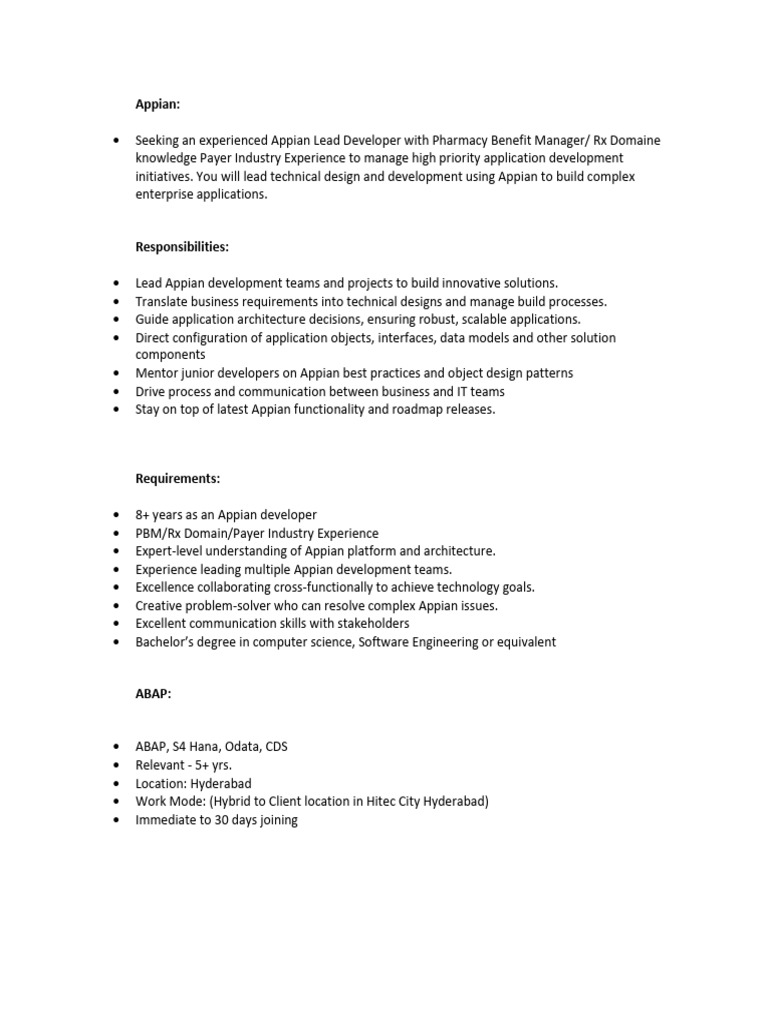 Appian Lead Developer Job in Hyderabad | PDF