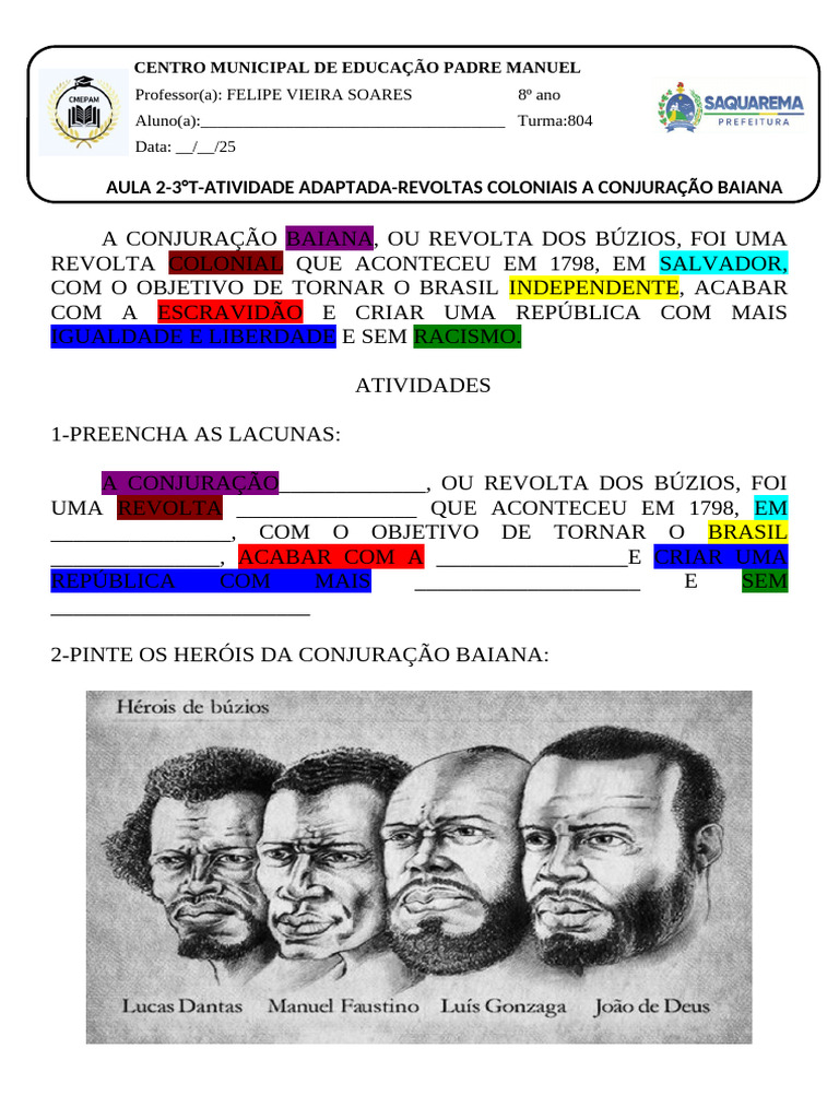 Atividade sobre a Conjuração Baiana | PDF