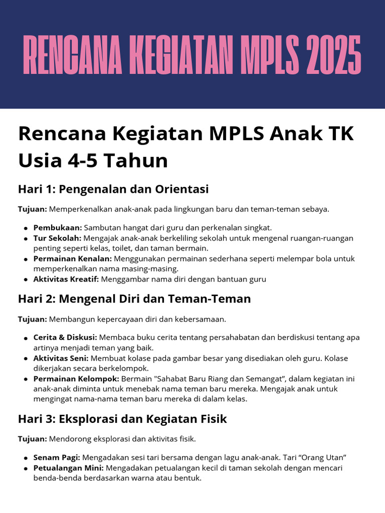Rencana Kegiatan MPLS Anak TK Usia 4-5 Tahun | PDF