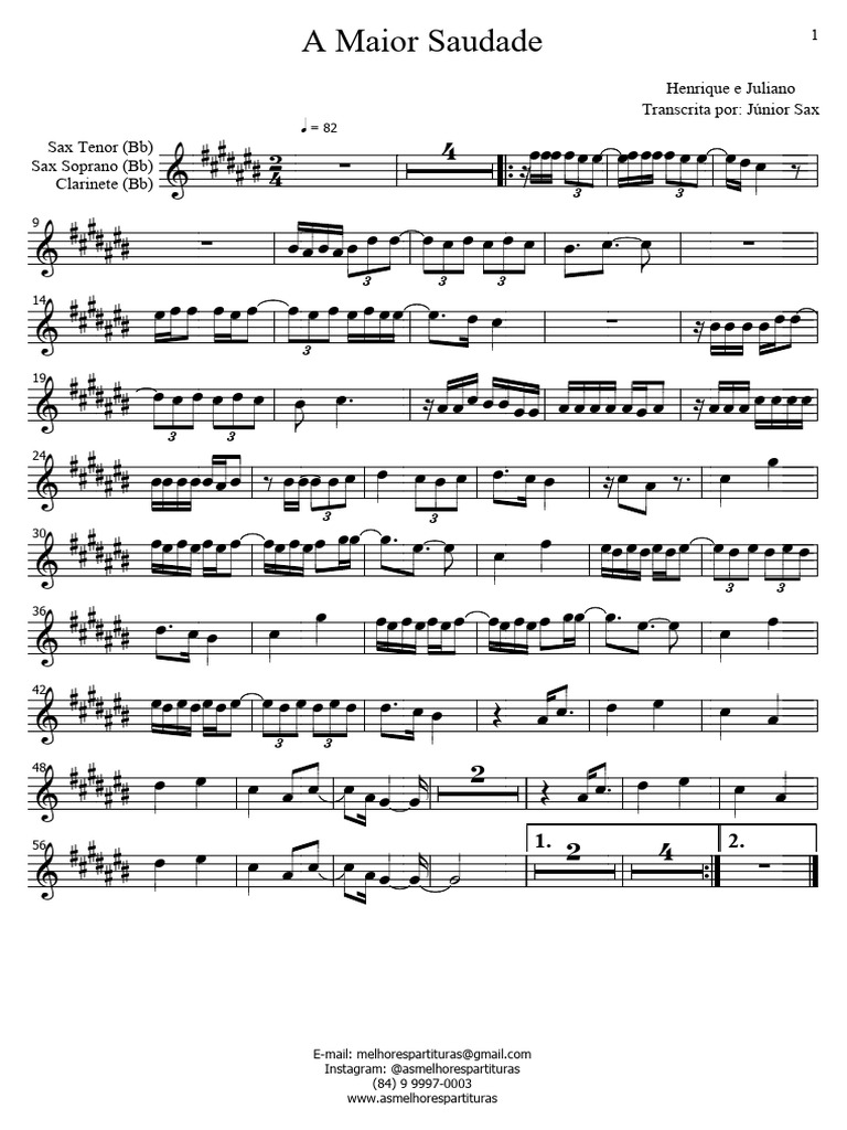 Partitura - A Maior Saudade (Sax Tenor-Soprano-Clarinete (BB) | PDF