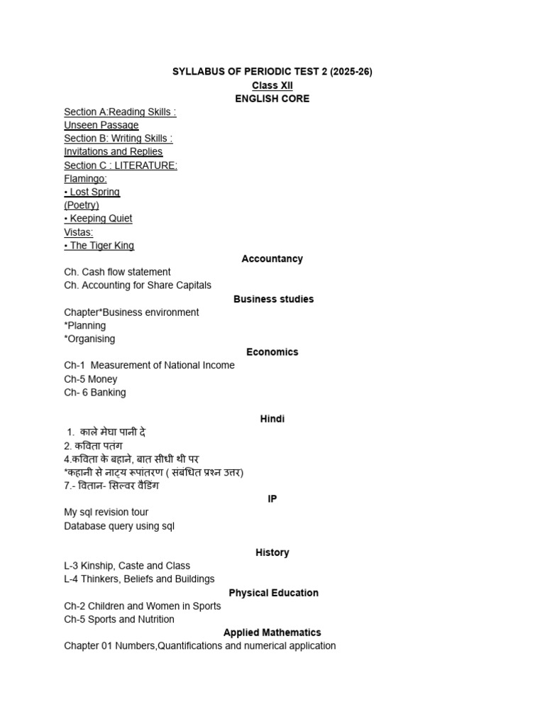 Class XII Periodic Test 2 Syllabus 2025-26 | PDF