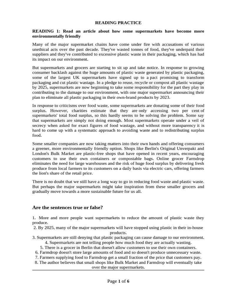 Reading Practice | PDF | Grocery Store | Supermarket