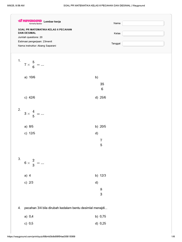 Soal PR Matematika Kelas 6: Pecahan & Desimal | PDF