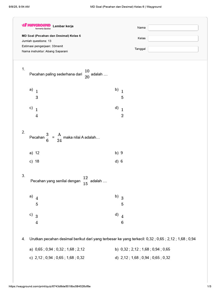 Soal Pecahan dan Desimal Kelas 6 | PDF