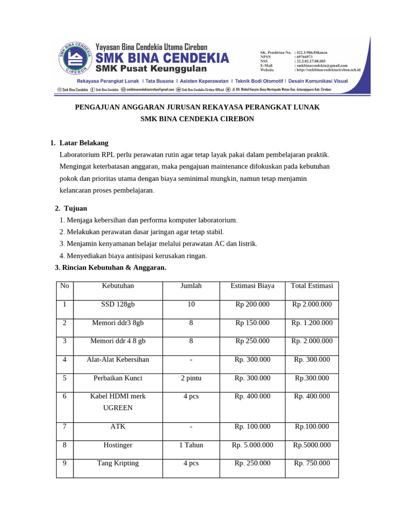 Pengajuan Anggaran Laboratorium RPL | PDF