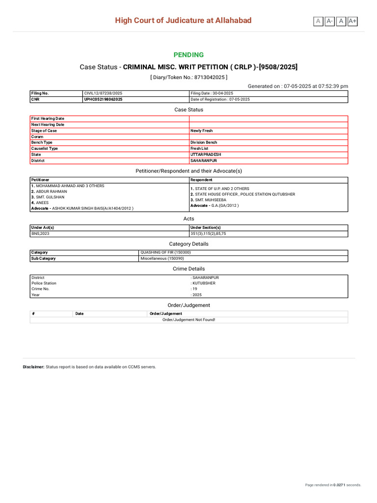Allahabad High Court Case Status 9508/2025 | PDF
