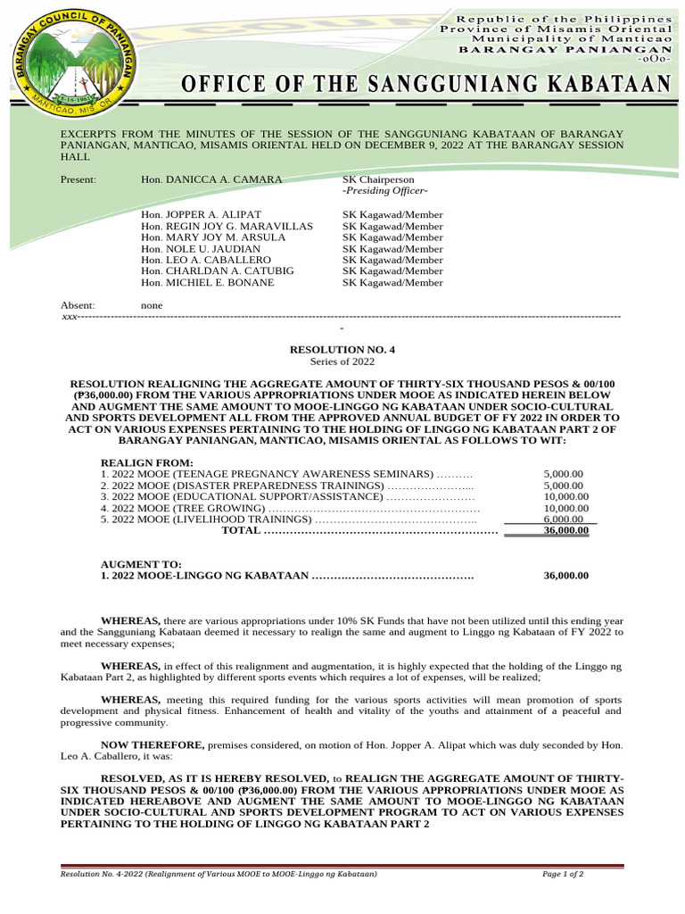 Resolution No. 4-2022 (Realignment of Various Funds To LNK) ) | PDF