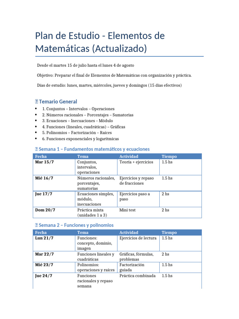 Plan de Estudio para Elementos de Matemáticas | PDF | Factorización ...