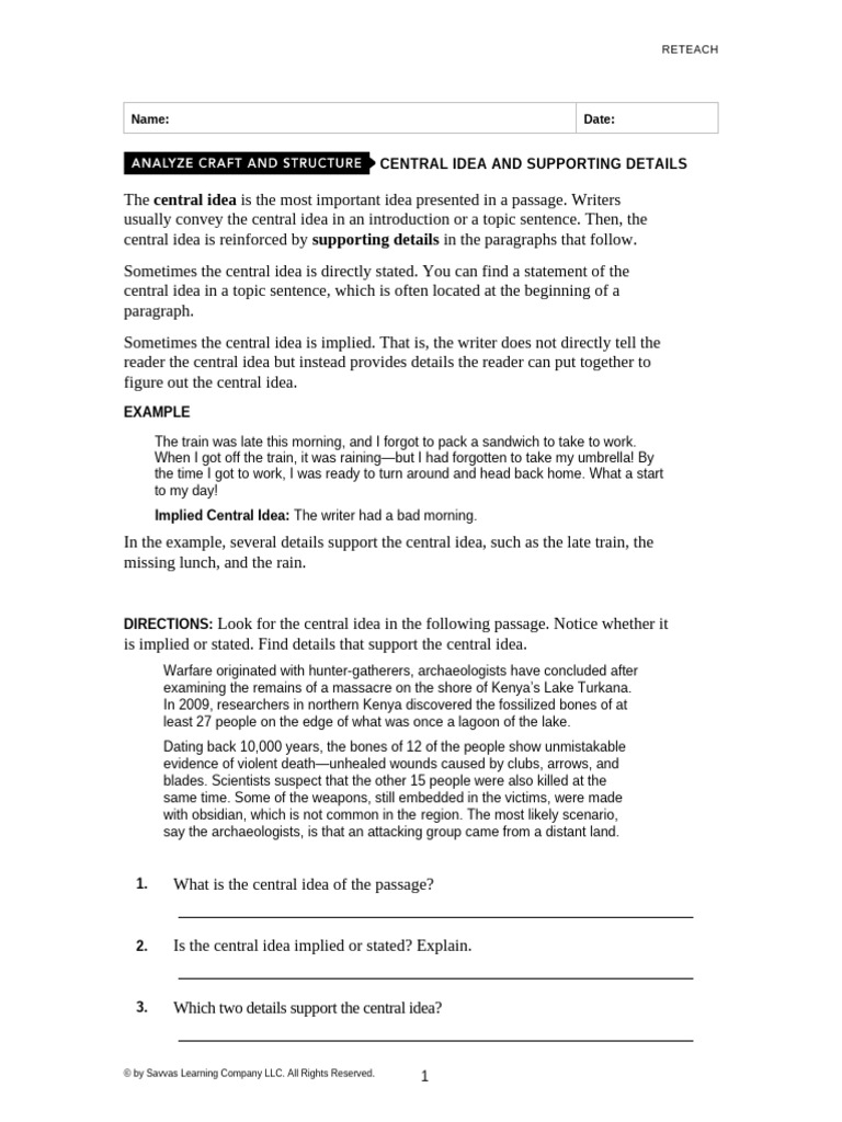 Central Idea and Supporting Details Guide | PDF | Beaver | Earth Sciences