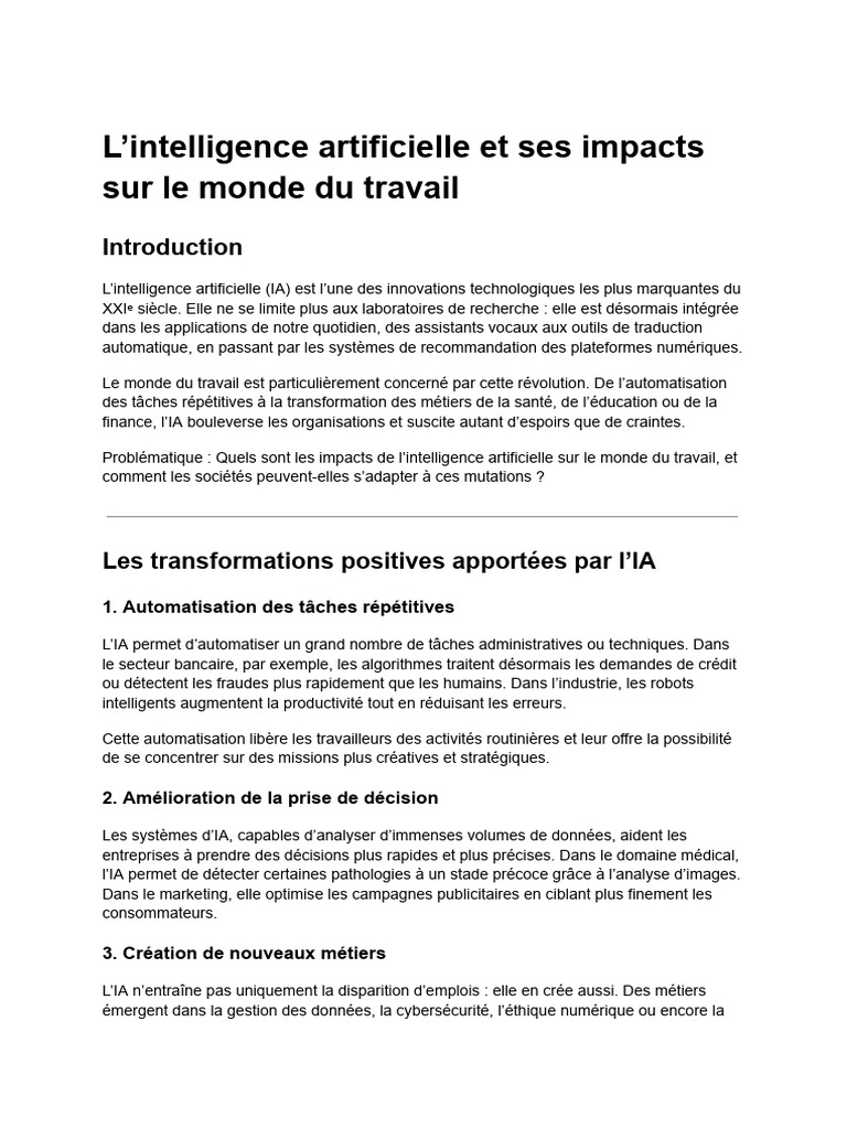 Impact de l'IA sur le travail moderne | PDF | Intelligence artificielle ...