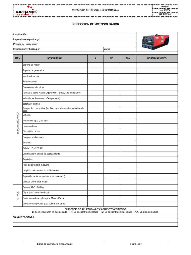 Inspección de Motosoldador: Checklist SST | PDF | Ingenieria Eléctrica ...