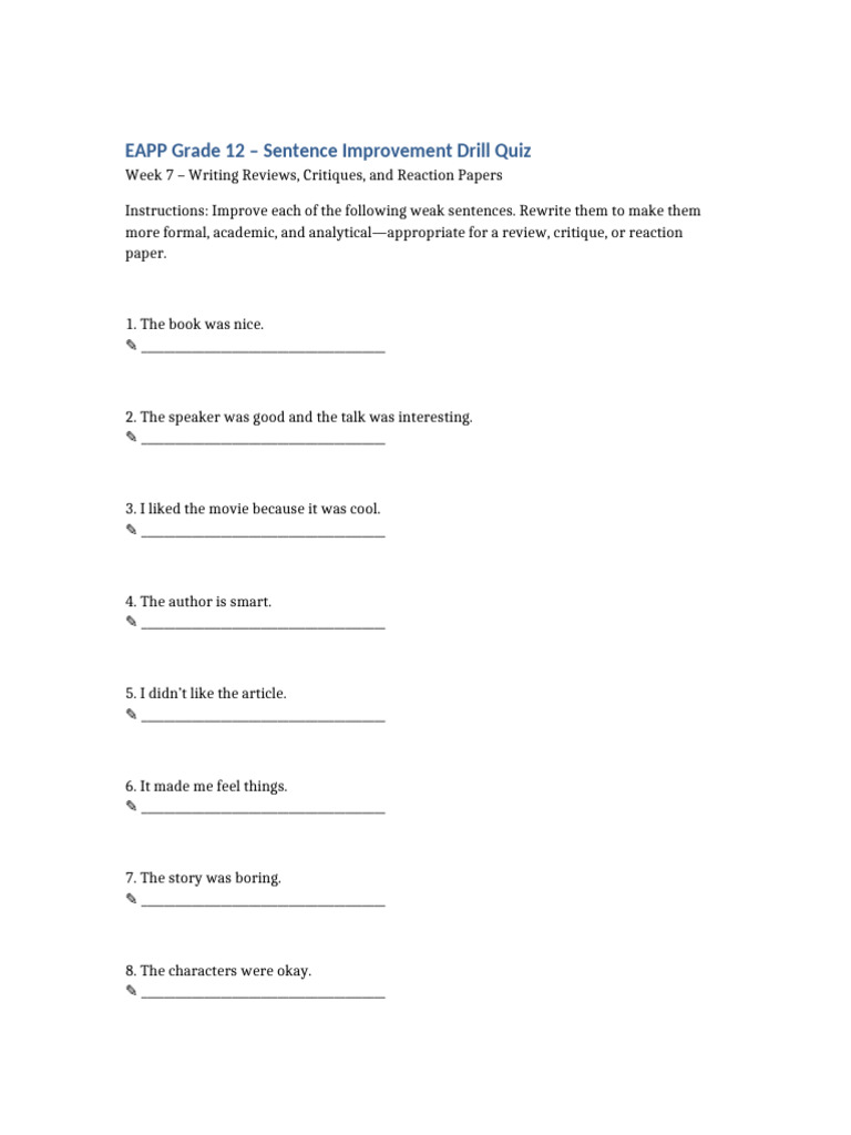 EAPP Sentence Improvement Quiz Without Answers | PDF