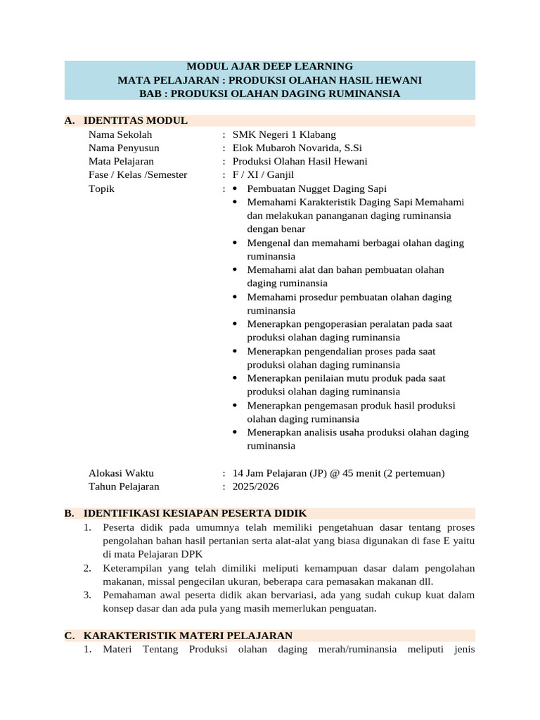 Modul Ajar Olahan Daging Ruminansia | PDF