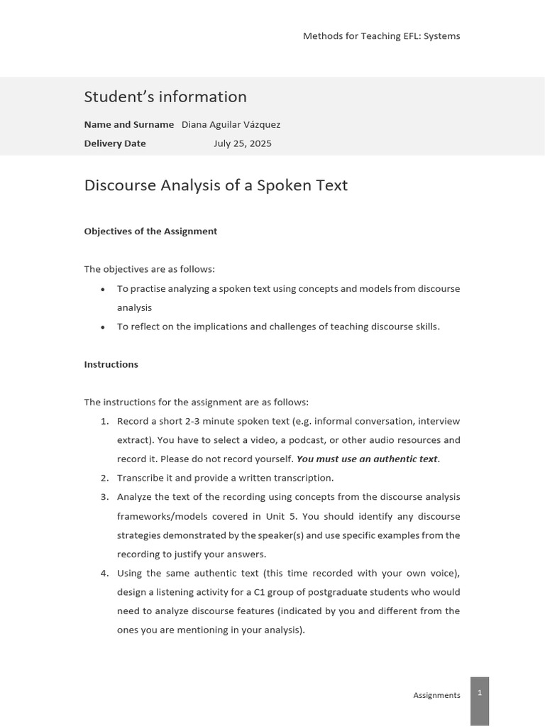 EFL Discourse Analysis Assignment Guide | PDF | Narrative | Storytelling