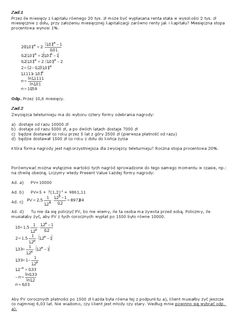 Matematyka Finansowa Zadania Z Rozwiązaniami Pdf
